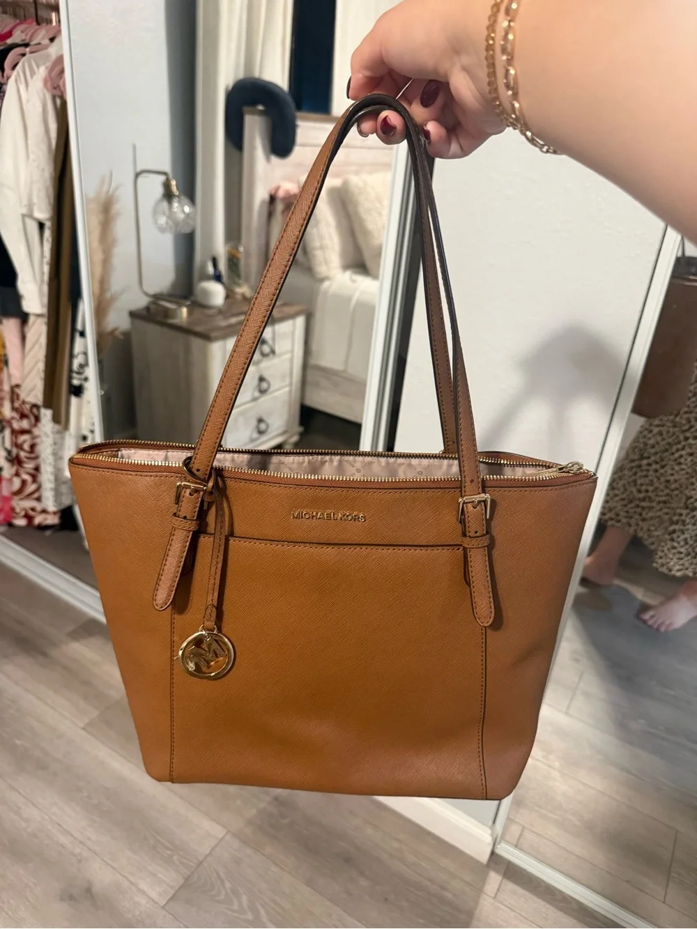 Michael Kors Cognac Saffiano Leather Tote with Gold Accent - Picture 1 of 4
